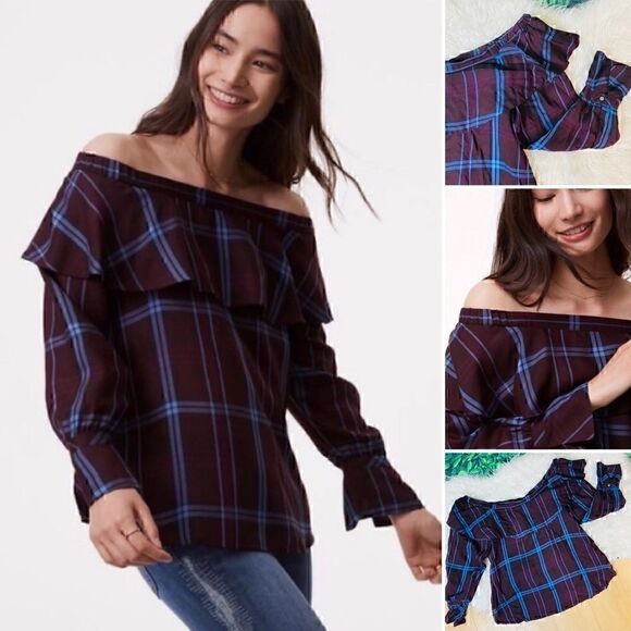 Loft purple plaid casual off the shoulder ruffled sleeves top blouse S - Picture 1 of 15